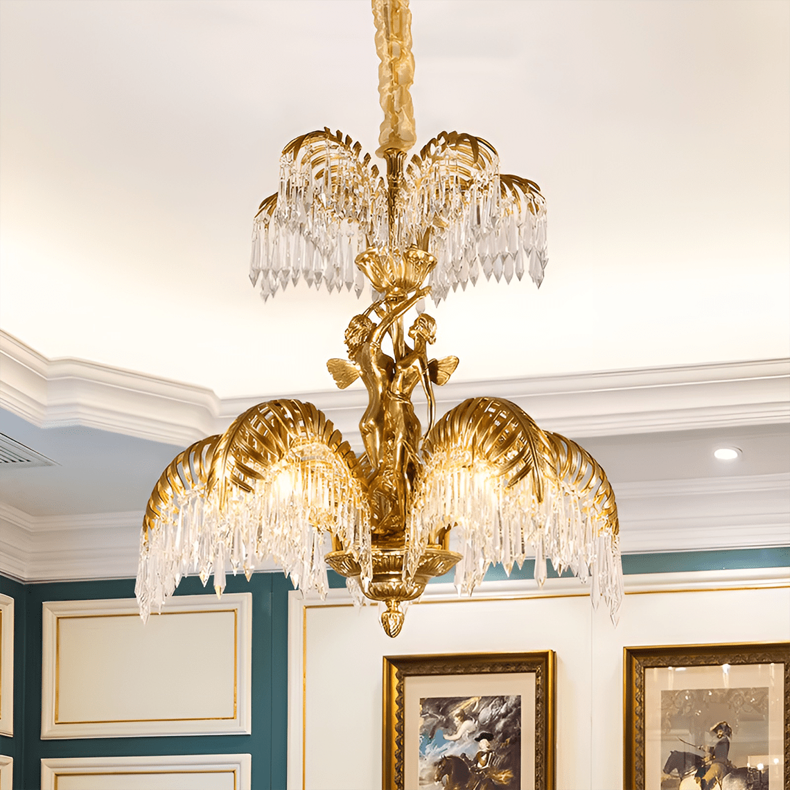 Baroque Style Gold Palm Leaf Crystal Chandelier - Serene Luminaire