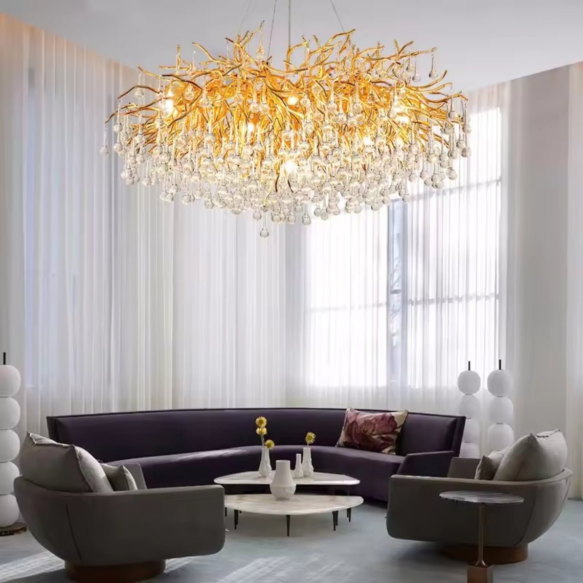 Crystal Raindrop Chandelier Gold Tree Branch Chandelier - Serene Luminaire