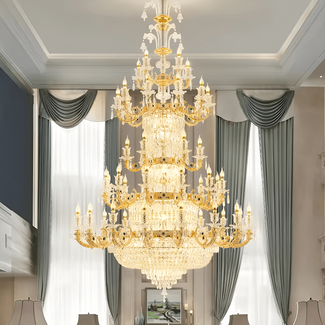 Grand Lustre 35" Baroque 5 - Tier Crystal Gold Chandelier - Serene Luminaire