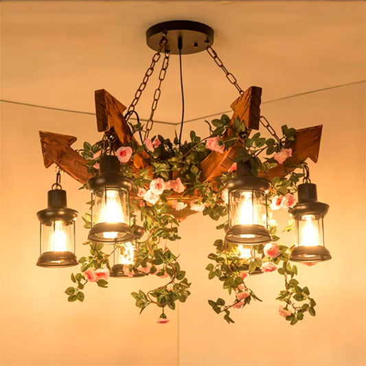 Industrial Retro Style 6 Light Wooden Farmhouse Chandelier - Serene Luminaire