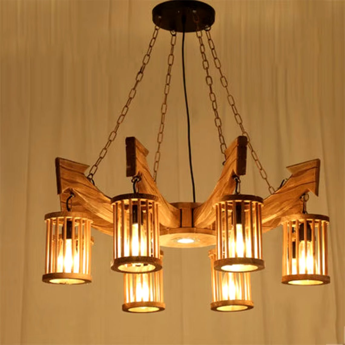 Industrial Retro Style 6 Light Wooden Farmhouse Chandelier - Serene Luminaire