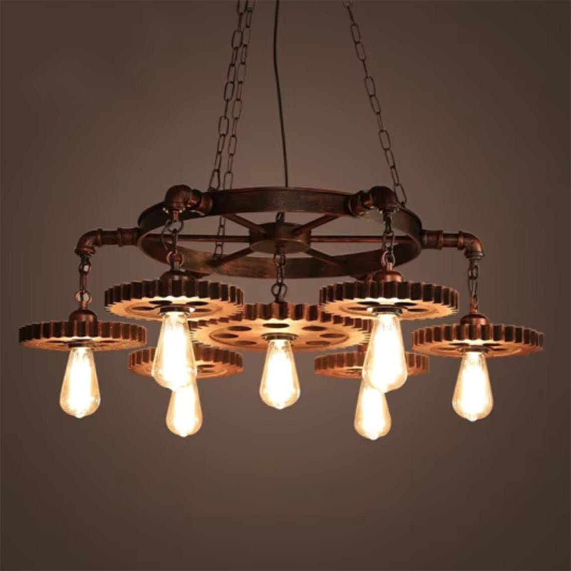 Industrial Retro Style Gear 7 Light Rustic Chandelier for Farmhouses and Restaurants - Serene Luminaire