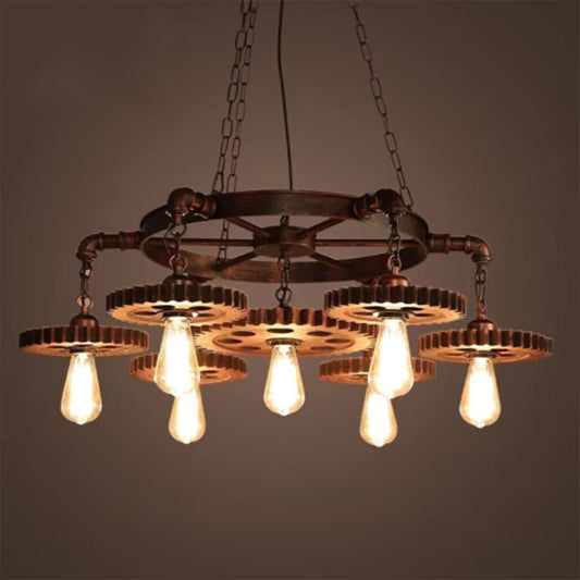 Industrial Retro Style Gear 7 Light Rustic Chandelier for Farmhouses and Restaurants - Serene Luminaire