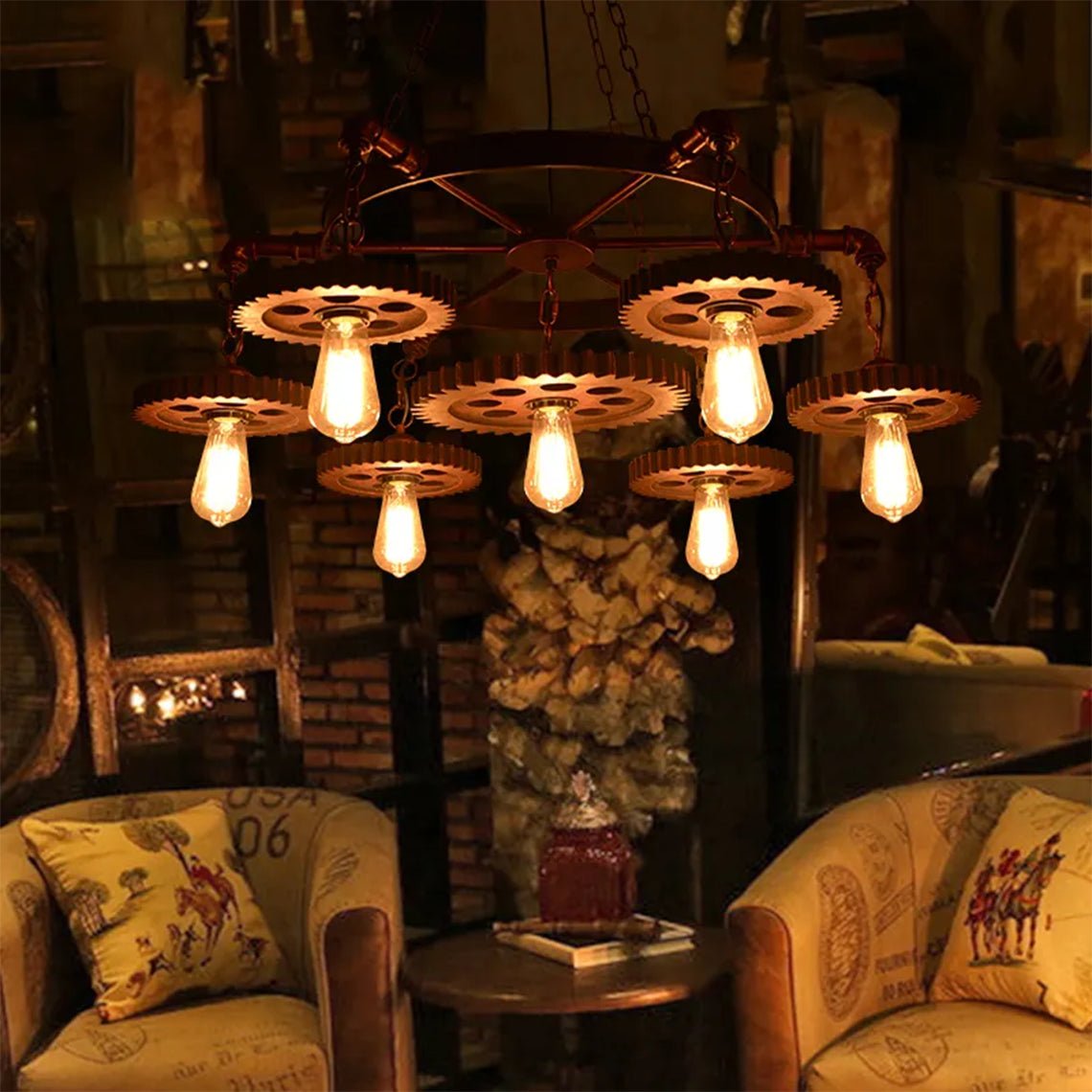 Industrial Retro Style Gear 7 Light Rustic Chandelier for Farmhouses and Restaurants - Serene Luminaire