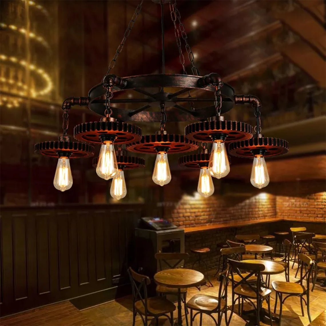 Industrial Retro Style Gear 7 Light Rustic Chandelier for Farmhouses and Restaurants - Serene Luminaire