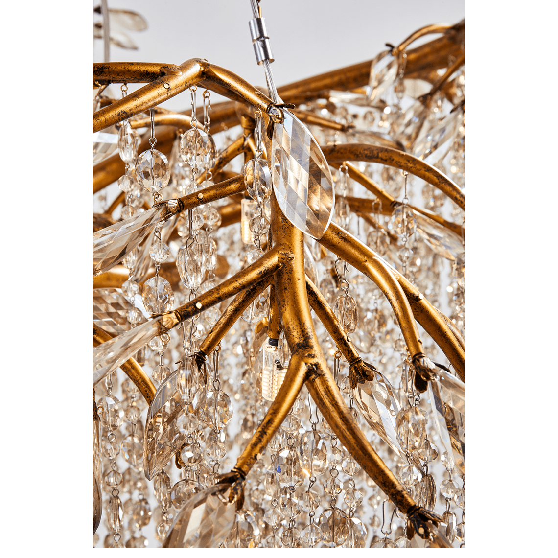 Modern Tree Branch Chandelier with Gold Rustic Branches and Golden Crystal Accent - Serene Luminaire