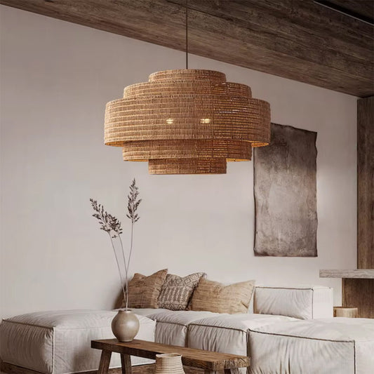 Soleil 3 - Tier Rattan Drum Chandelier - Serene Luminaire