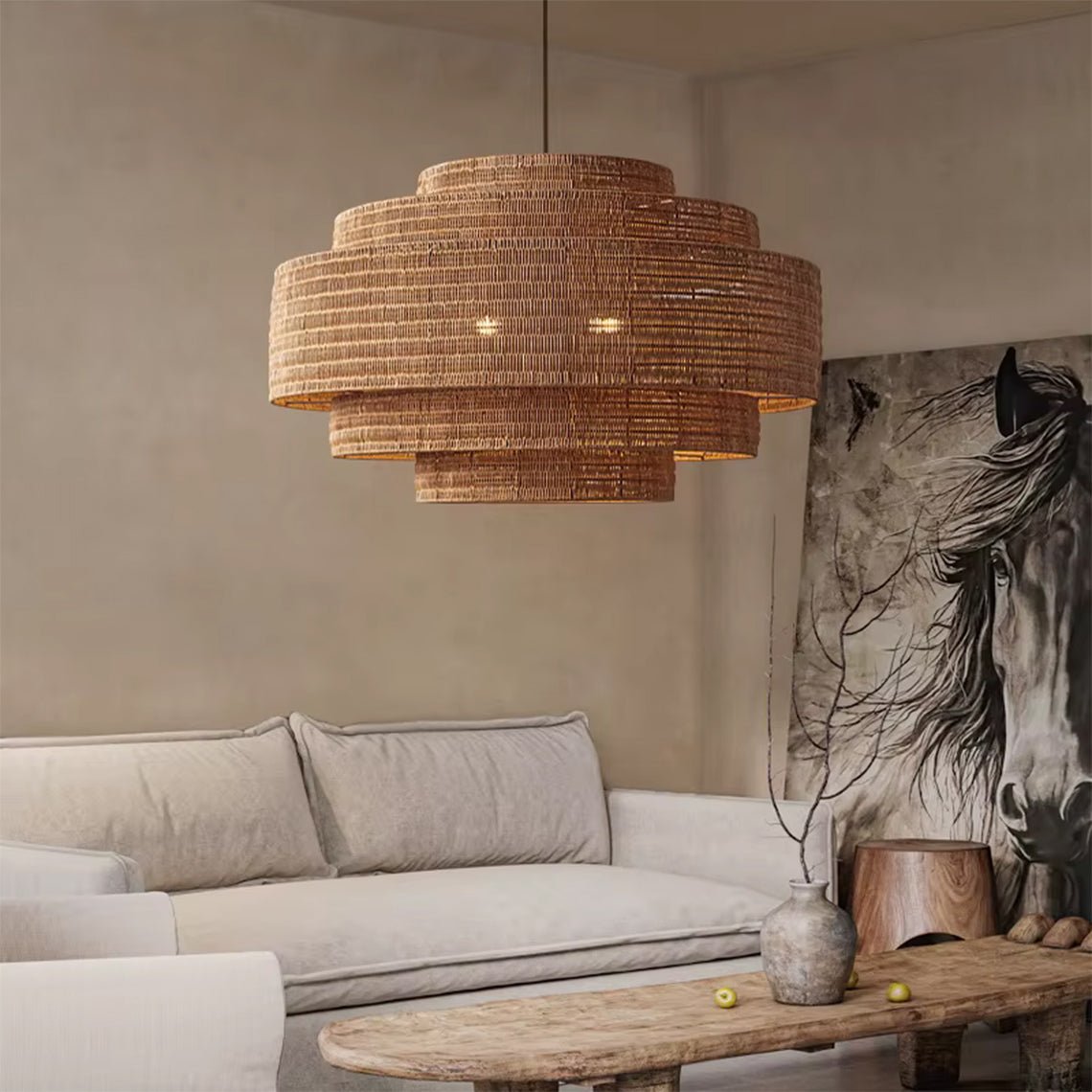 Soleil 3 - Tier Rattan Drum Chandelier - Serene Luminaire