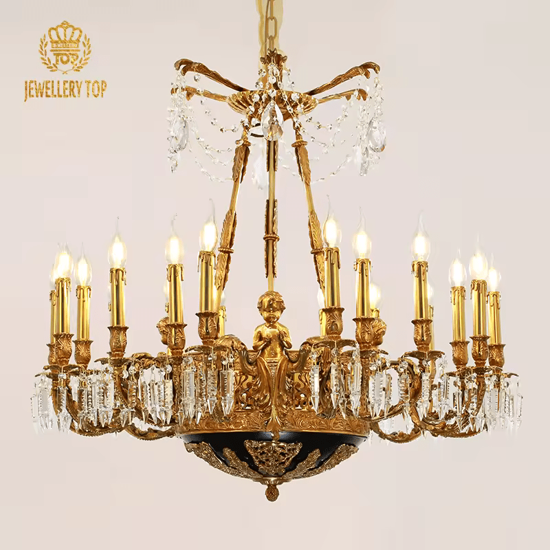 18 - Candle Lights Baroque Style Brass Candle Chandelier with Crystal Accent - Serene Luminaire