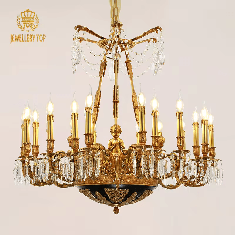 18 - Candle Lights Baroque Style Brass Candle Chandelier with Crystal Accent - Serene Luminaire