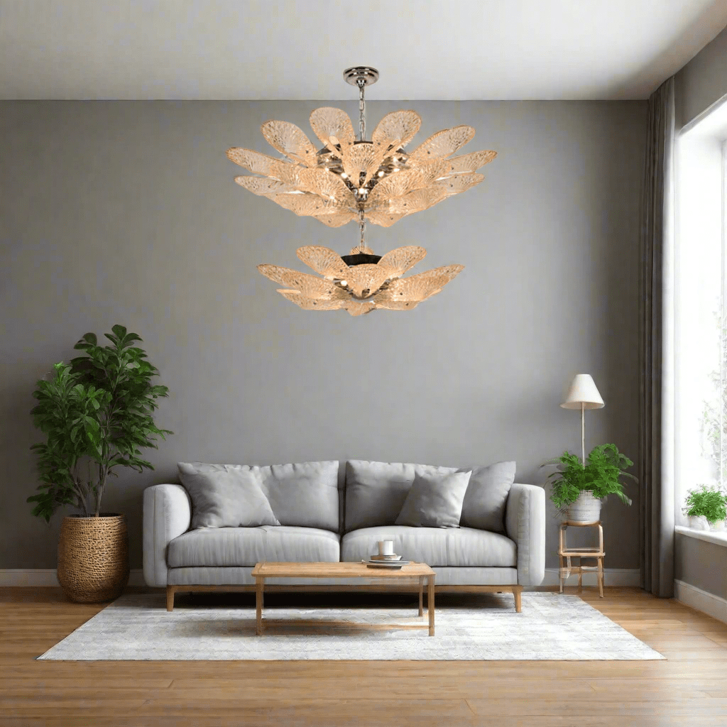 2 - Tier White & Rose Gold Sunflower Champagne Floral Chandelier - Serene Luminaire