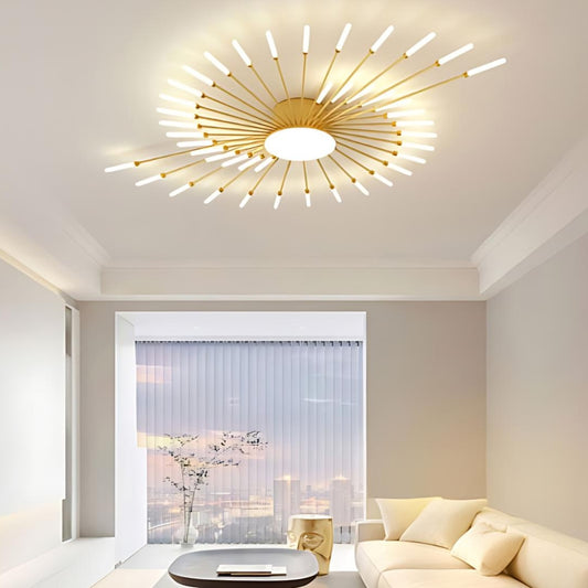 Modern 42-light LED flush mount ceiling light with firework design. Perfect for brightening living rooms, bedrooms, and dining rooms. Available in black or gold finish.