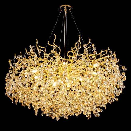 Adelaine 12 Light Golden Crystal Branch Tree Round Chandelier - Serene Luminaire