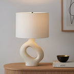 Clara Natural Ivory Table Lamp with Fabric Shallow Drum Shade - Serene Luminaire