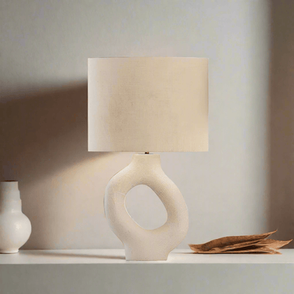 Clara Natural Ivory Table Lamp with Fabric Shallow Drum Shade - Serene Luminaire