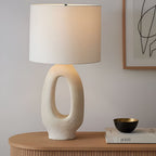 Clara Natural Ivory Table Lamp with Fabric Shallow Drum Shade - Serene Luminaire