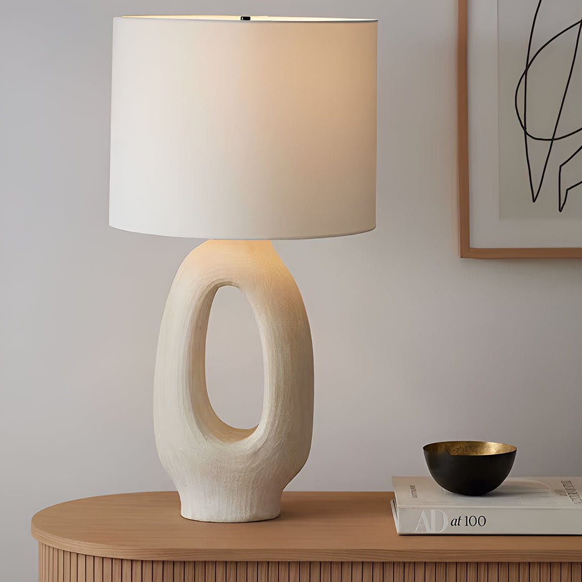 Clara Natural Ivory Table Lamp with Fabric Shallow Drum Shade - Serene Luminaire