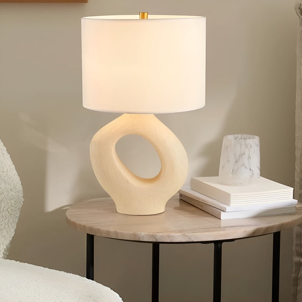 Clara Natural Ivory Table Lamp with Fabric Shallow Drum Shade - Serene Luminaire