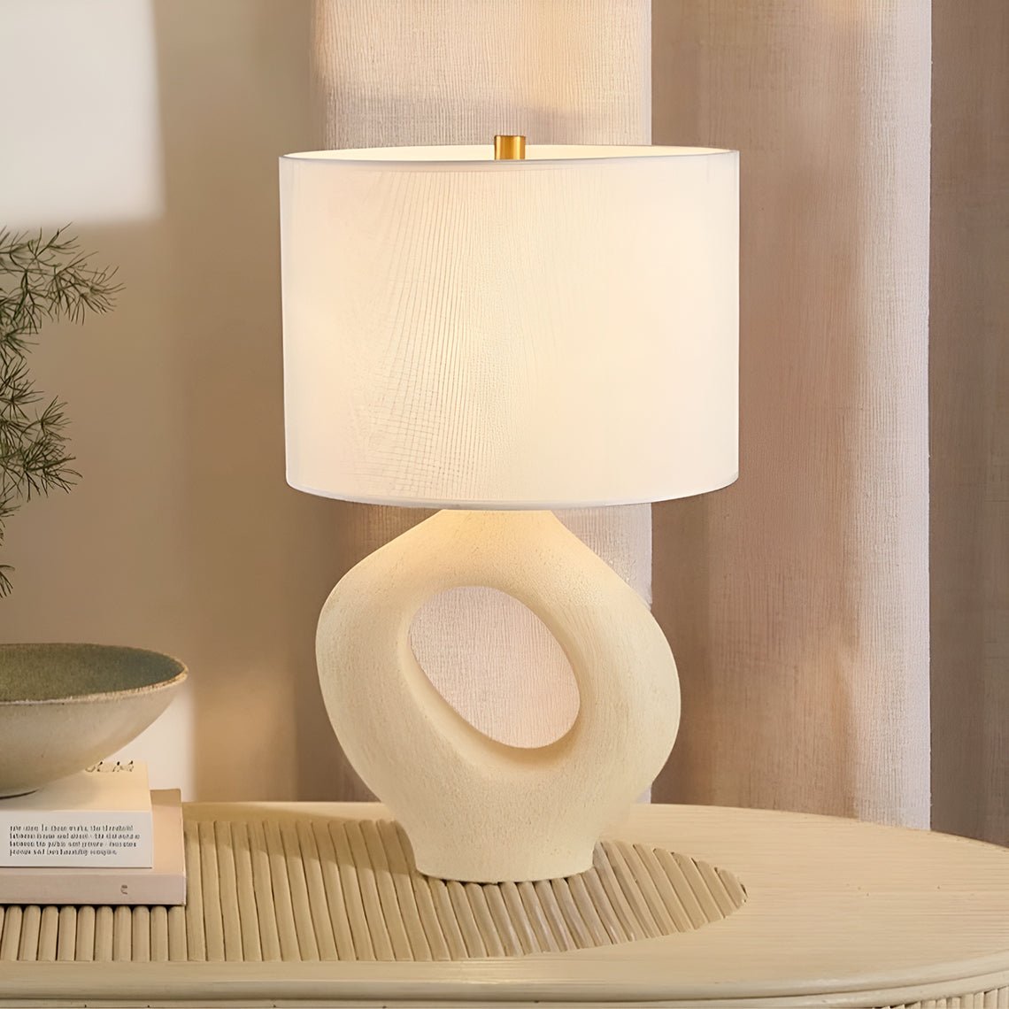 Clara Natural Ivory Table Lamp with Fabric Shallow Drum Shade - Serene Luminaire