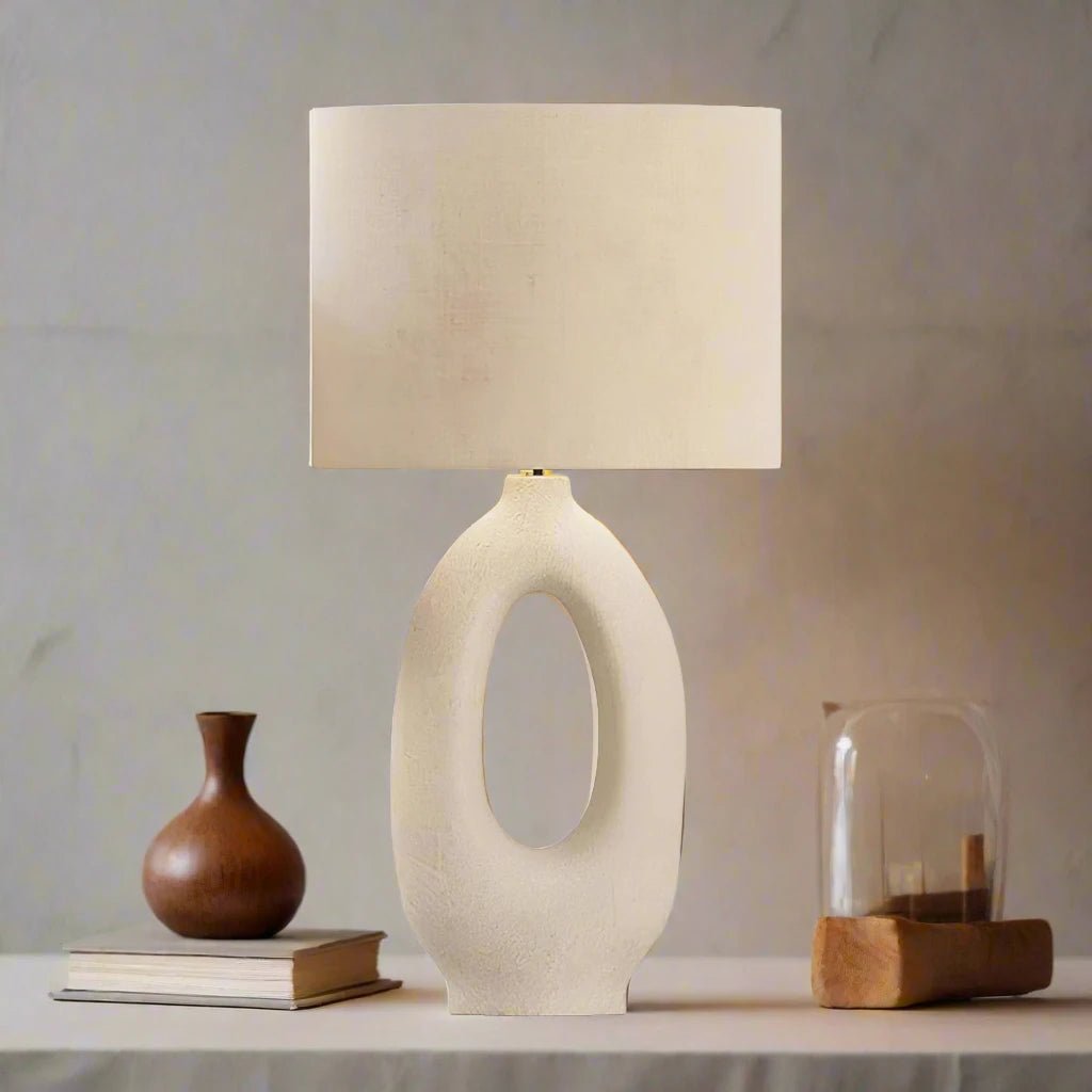 Clara Natural Ivory Table Lamp with Fabric Shallow Drum Shade - Serene Luminaire