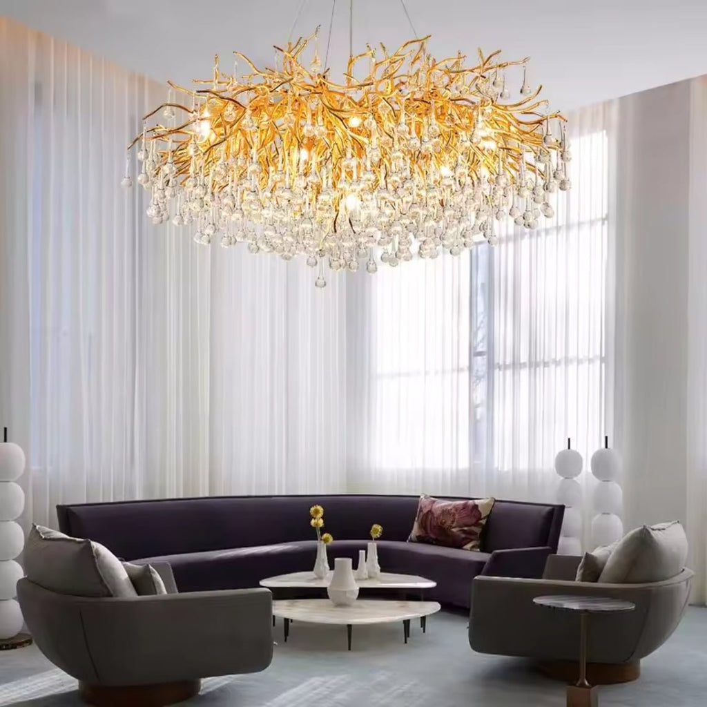 Crystal Raindrop Chandelier Gold Tree Branch Chandelier - Serene Luminaire
