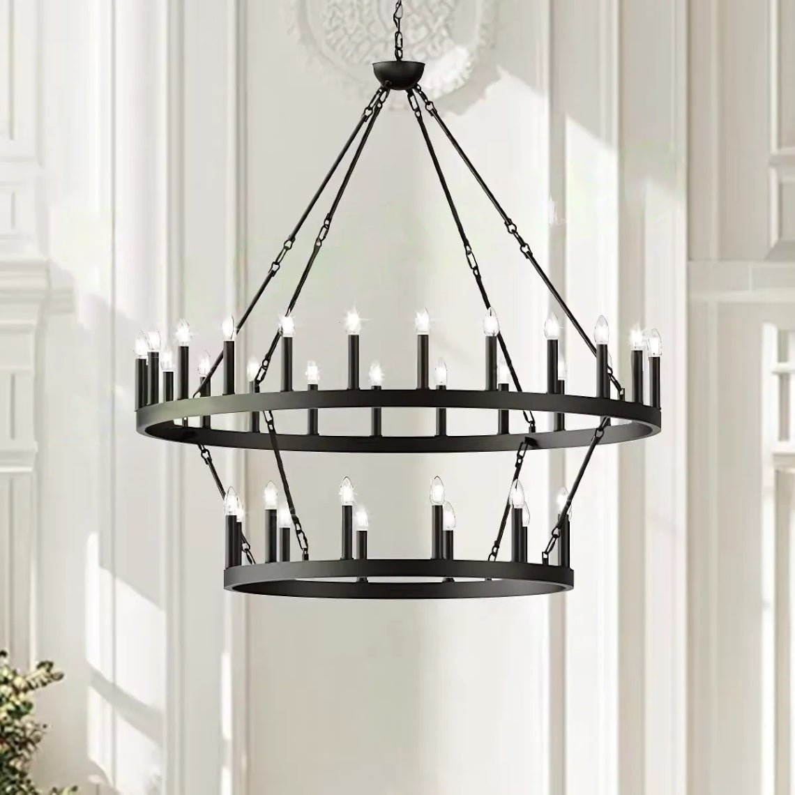 Emily 36 - Lights Wagon Wheel Farmhouse Candelabra Two - Tier Chandelier - Serene Luminaire