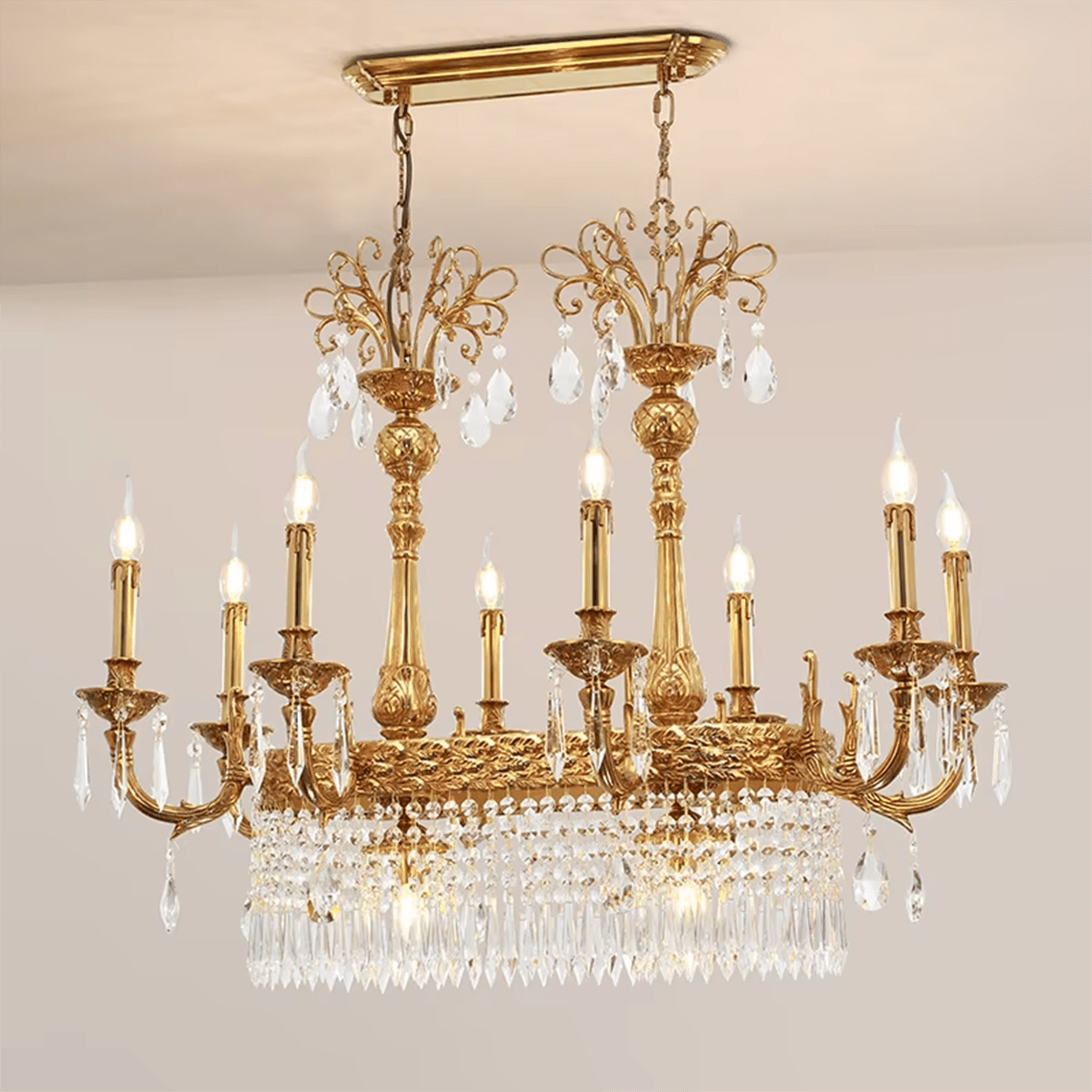 Glitterati 43" Gold Rectangular Baroque Candelabra Chandelier with Crystal Accent - Serene Luminaire