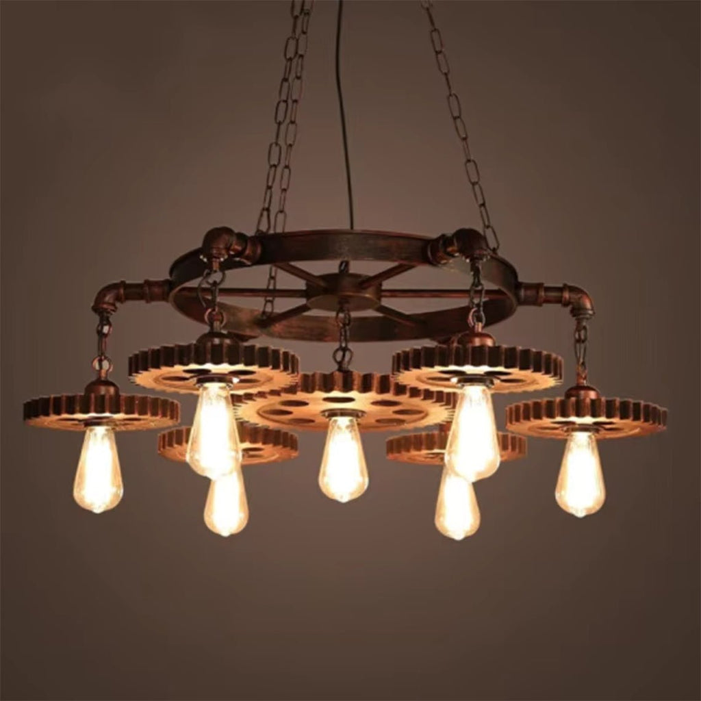 Industrial Retro Style Gear 7 Light Rustic Chandelier for Farmhouses and Restaurants - Serene Luminaire