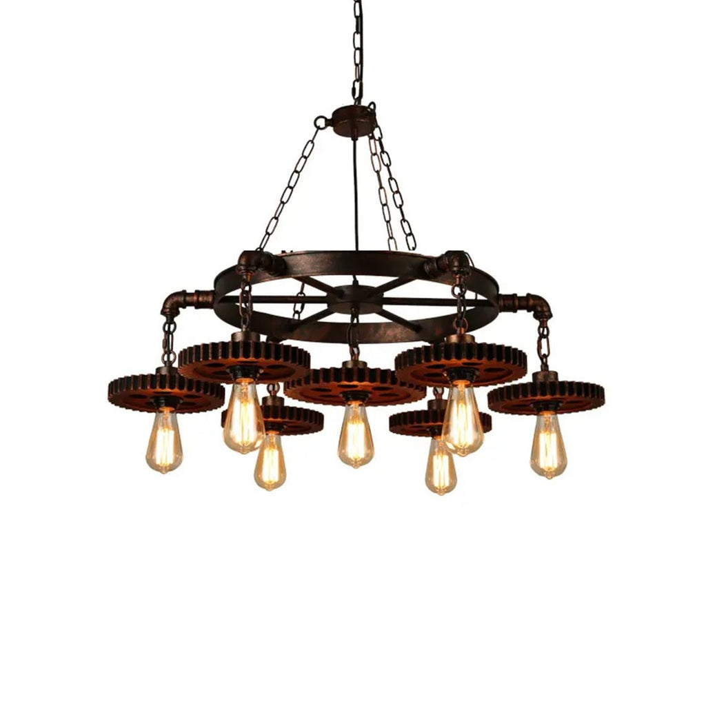 Industrial Retro Style Gear 7 Light Rustic Chandelier for Farmhouses and Restaurants - Serene Luminaire