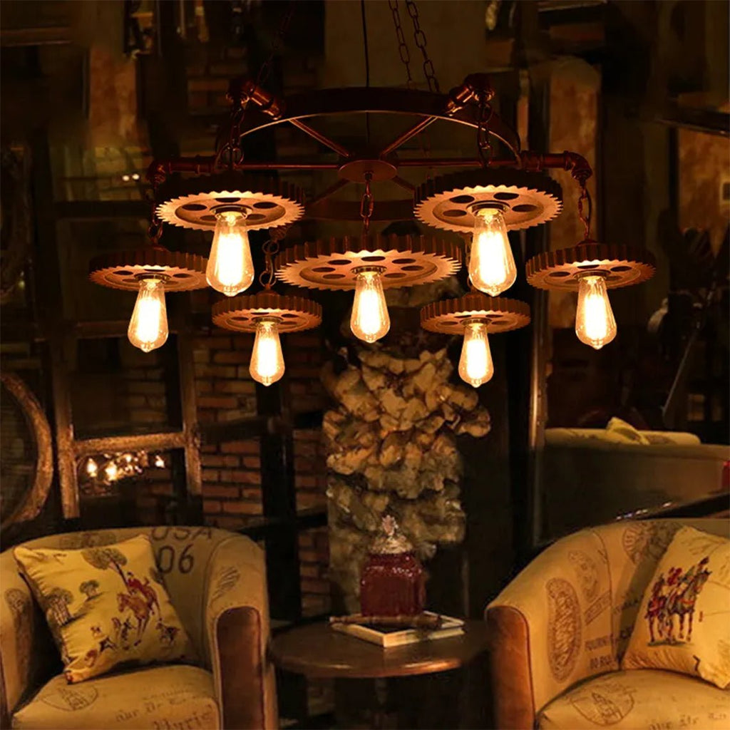 Industrial Retro Style Gear 7 Light Rustic Chandelier for Farmhouses and Restaurants - Serene Luminaire