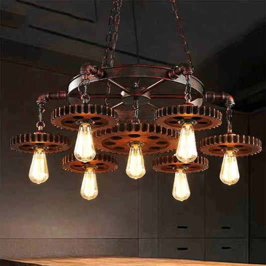 Industrial Retro Style Gear 7 Light Rustic Chandelier for Farmhouses and Restaurants - Serene Luminaire