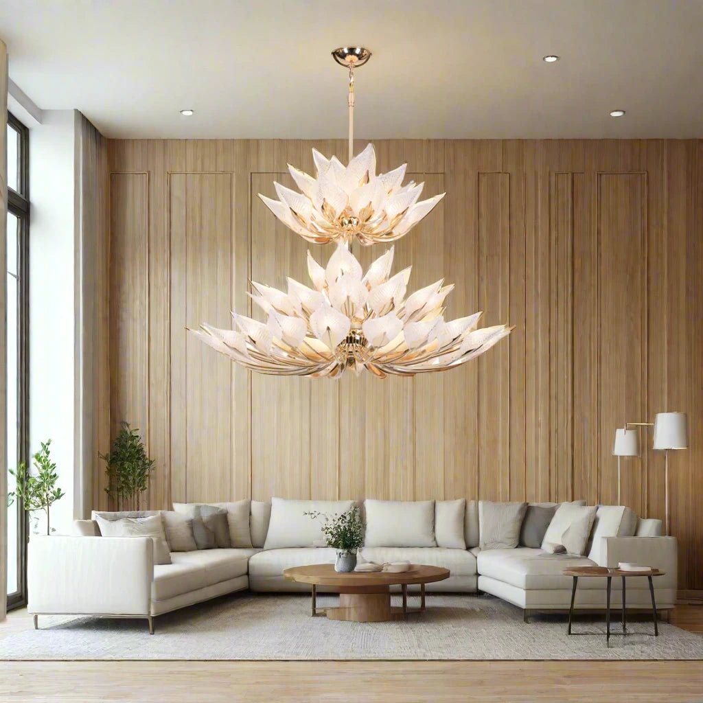 Modern Crystal Glass Floral Champagne Lotus Chandelier - Serene Luminaire